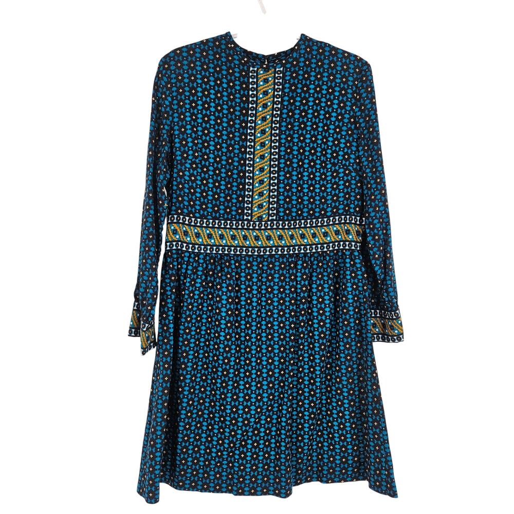 Vintage 70s B Altman Shift Dress Blue Black Geometric Long Sleeve Mini Size M